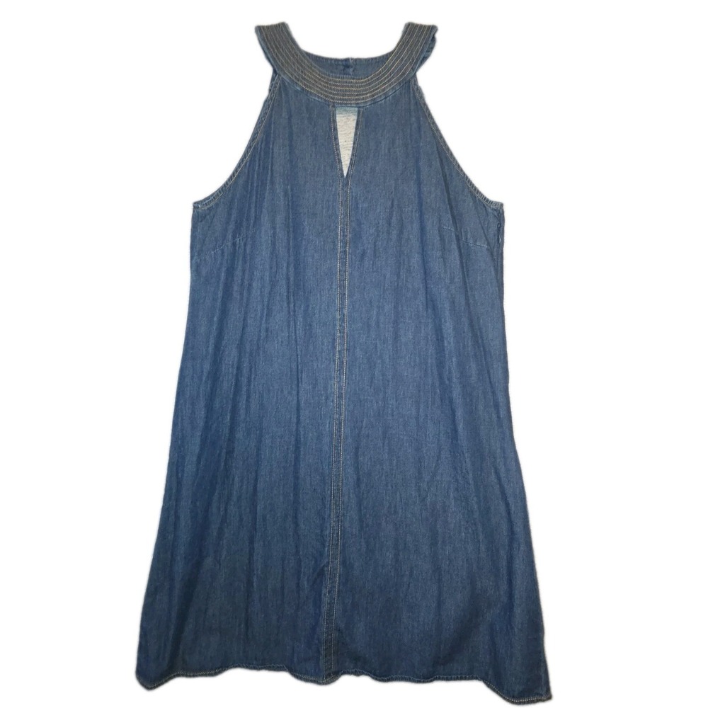 BLUET Denim Mini Dress Womens 8 Sleeveless Chambray Sundress Keyhole Halter Neck